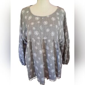 Ivy Jane Babydoll Boho Top Gauzy Woven Pearl Gray Floral New USA